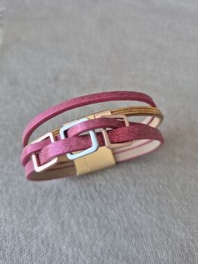 Pink Multi-Strand Leather Bracelet with Gold Accents